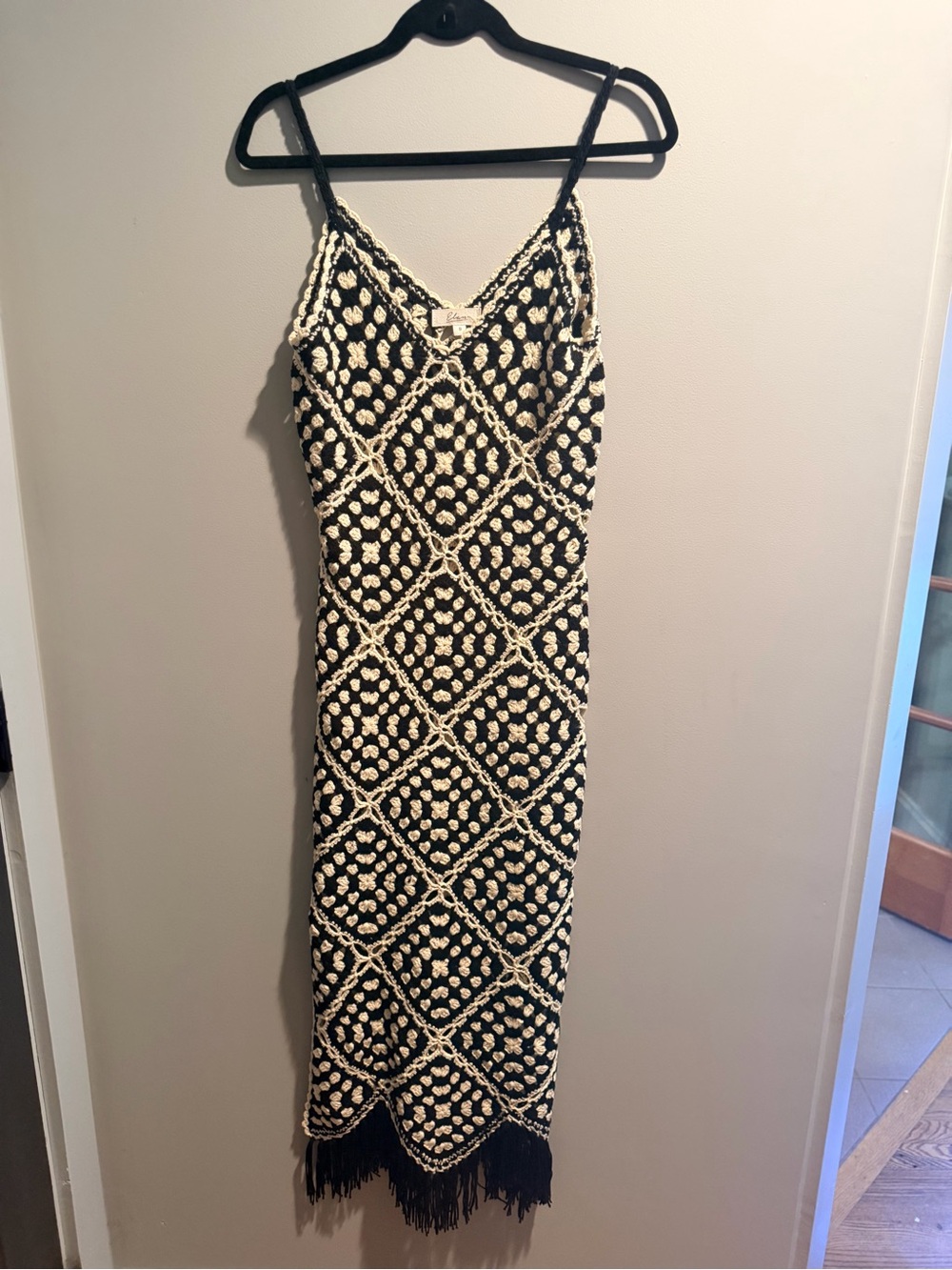 Elan Black and Cream Crochet Fringe Maxi Dress